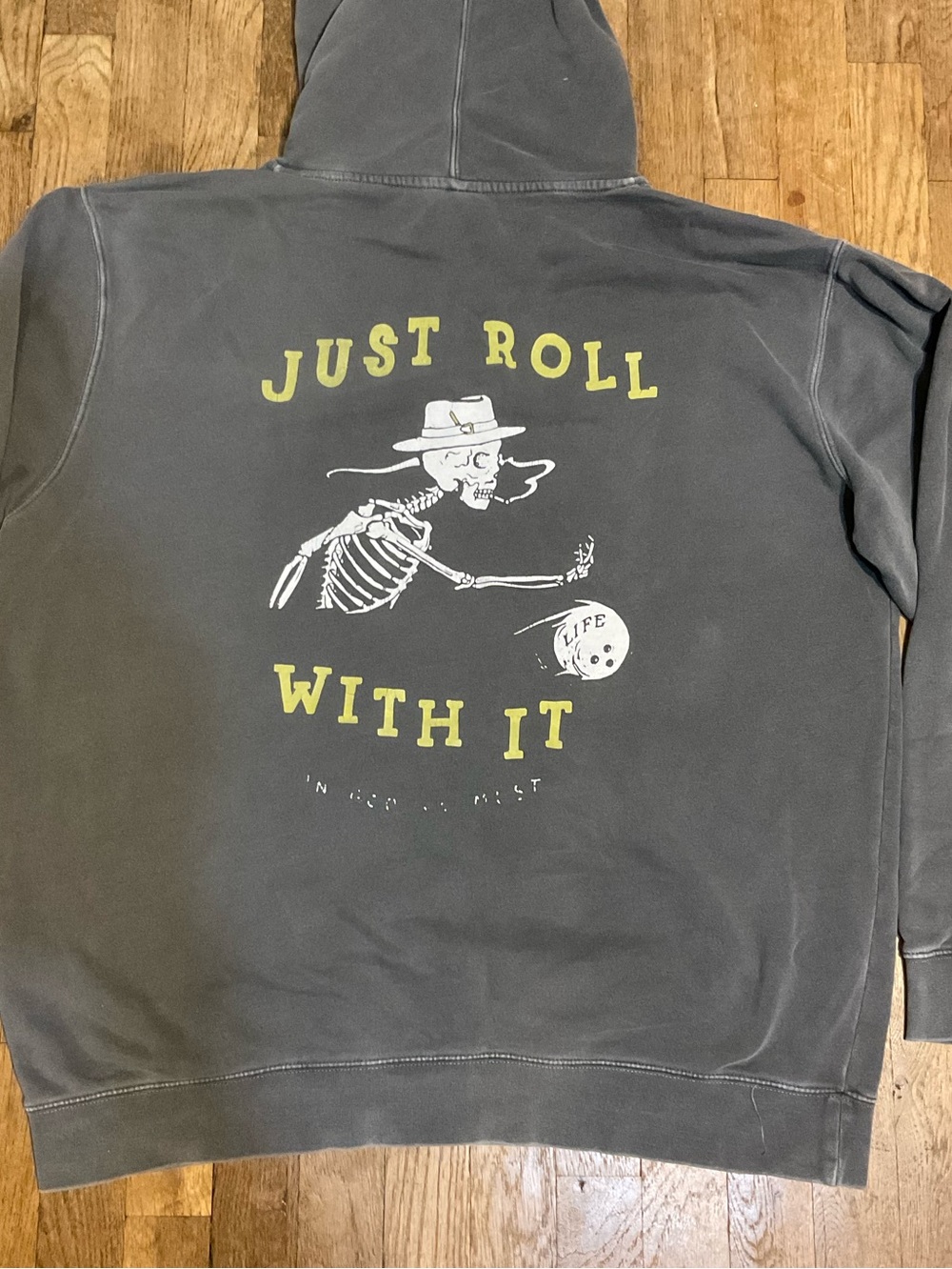 In God We Must Graphic Sweatshirt “Just Roll With It” gray bowling hoodie, GUC!